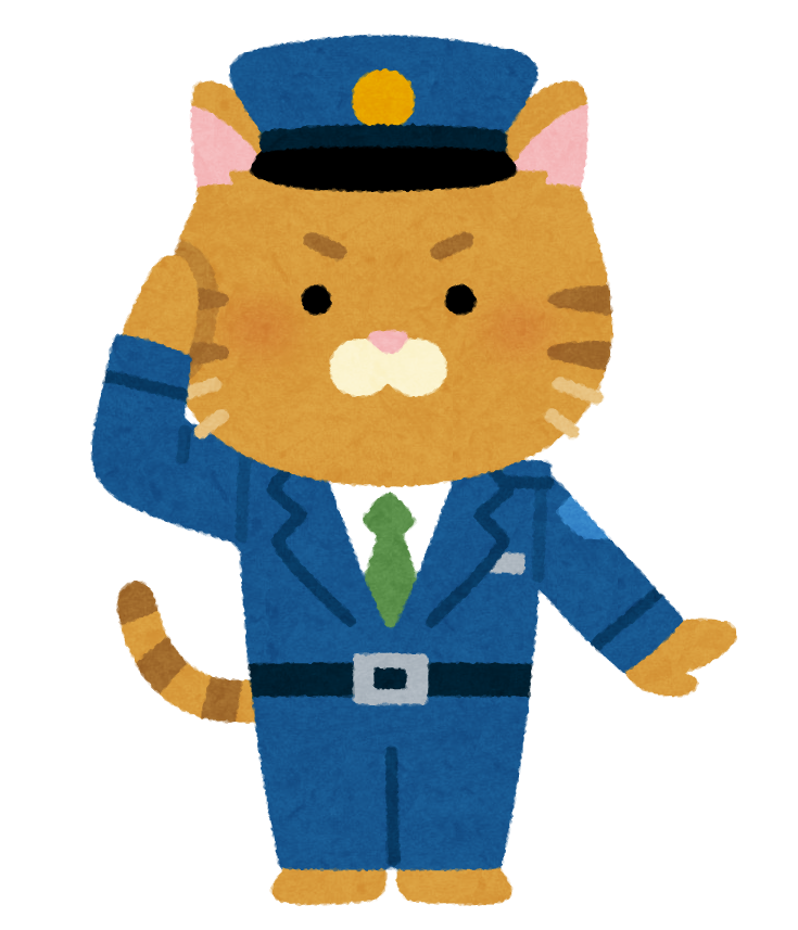 Illustration: An orange cat in a blue police officer's uniform, stands and salutes in a human pose. He is so cute in his little police hat but he probably wouldn't like it if you pointed that out.