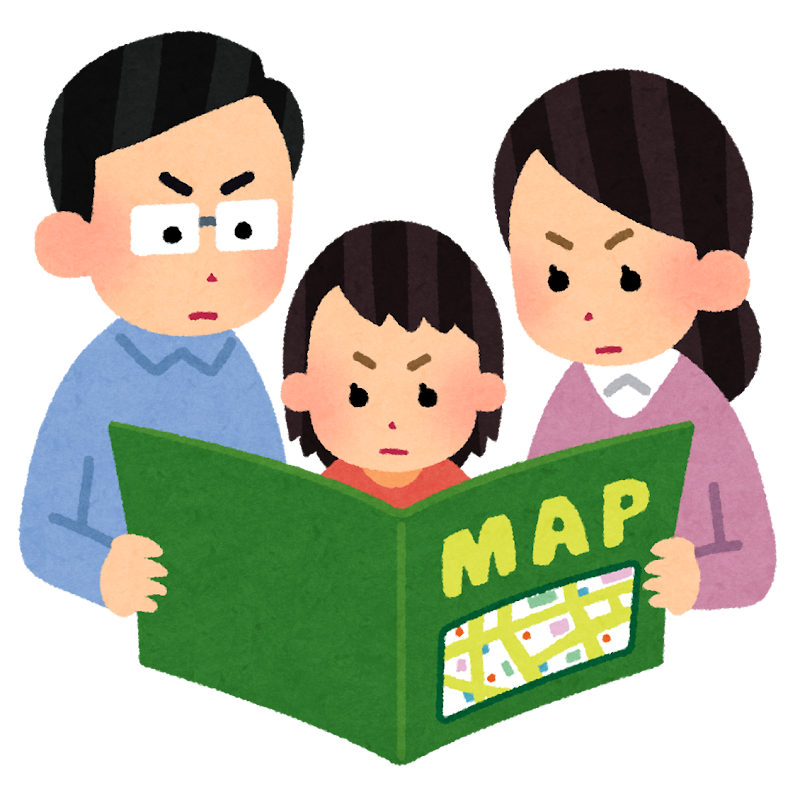 Illustration: A father, child, and mother look at a map. They all have angry expressions on their faces.
