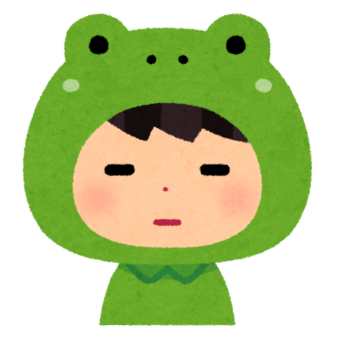 An illustration of a person from the shoulders up. They have an unhappy expression on their face. They are wearing a hood that resembles a frog's head, with their face and fringe of hair visible in the round opening of the frog's mouth.