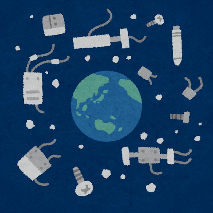 Illustration of the planet Earth surrounded by space debris (screws, metal bits with protruding wires, and smaller, unidentifiable shapes).