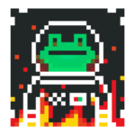 Pixel art. Frog wearing a space suit surrounded by flames. Frog shows no emotion at all; stares into space like a dead china doll.