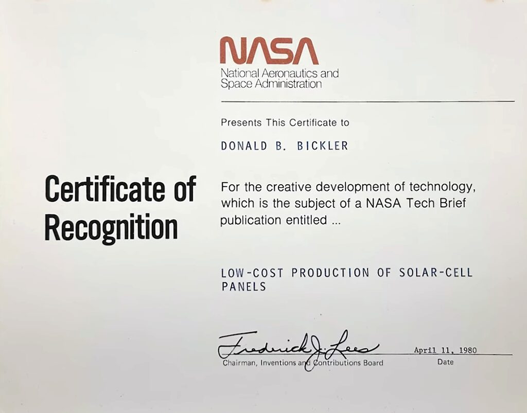 NASA Certificate of recognition from the 1980s, featuring a grid layout and the iconic worm logo.