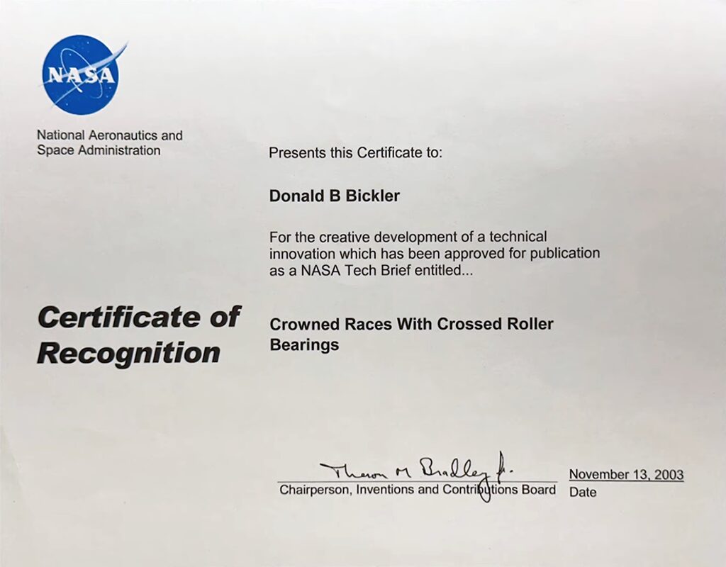 Certificate of Recognition with Nasa's "meatball" logo on a sloppy grid layout. November 2003